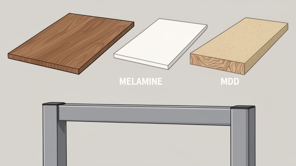 Illustration von Schreibtischmaterialien wie Holz, Melamin und MDD über einem grauen Schreibtischgestell.