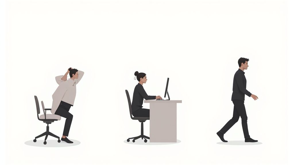 Eine Person macht Dehnübungen an ihrem höhenverstellbaren Schreibtisch im Büro.