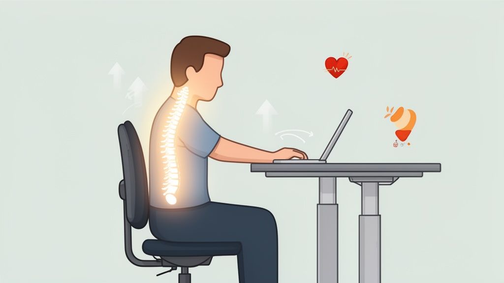 Illustratie van een persoon met een gezonde zithouding aan een zit-sta bureau, die aan een laptop werkt en de wervelkolom ontziet.