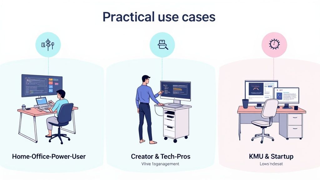 Illustration praktischer Anwendungsfälle für Arbeitsplätze, darunter Home-Office, Kreative und Startups mit ergonomischen Schreibtischen.