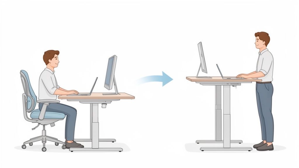 Een man wisselt van zittende naar staande werkhouding aan een in hoogte verstelbaar bureau met laptop en monitor.