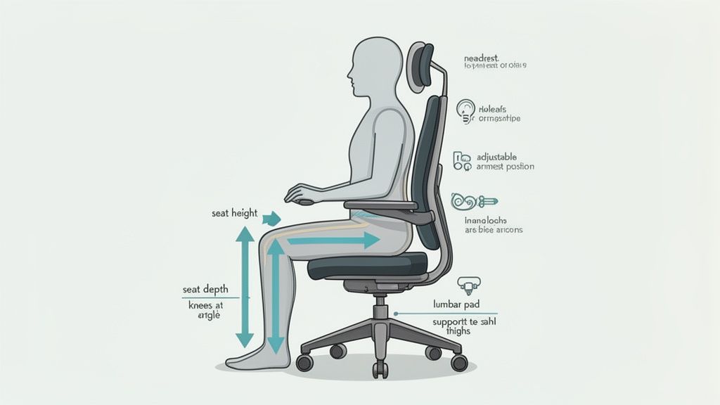 Een persoon zit ergonomisch op een bureaustoel met pijlen die zithoogte, zitdiepte en andere instellingen aangeven.
