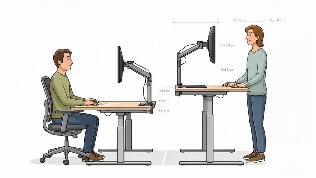 Ergonomische kantoorinrichting met zittende man en staande vrouw aan in hoogte verstelbare bureaus en monitorarmen.