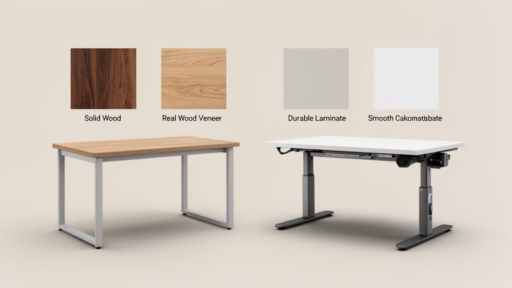 Verschillende tafelbladmaterialen (massief hout, echt houten fineer, laminaat) en twee soorten bureaus, inclusief een in hoogte verstelbare.