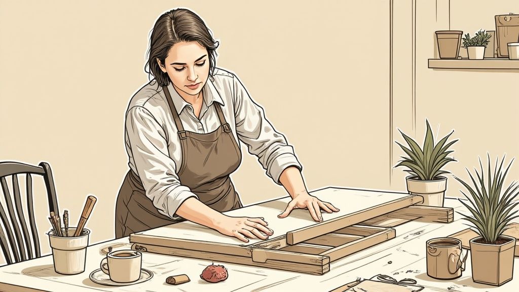 Frau in Schürze arbeitet konzentriert an Holzrahmen auf einem Schreibtisch mit Pflanzen und Werkzeug