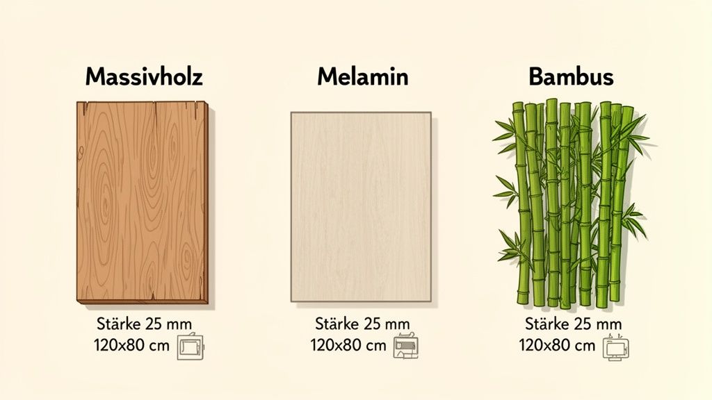 Drie verschillende tafelbladen van massief hout, melamine en bamboe met hun specificaties.