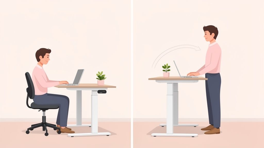 Mann arbeitet an einem höhenverstellbaren Schreibtisch, wechselt von sitzender zu stehender Position.