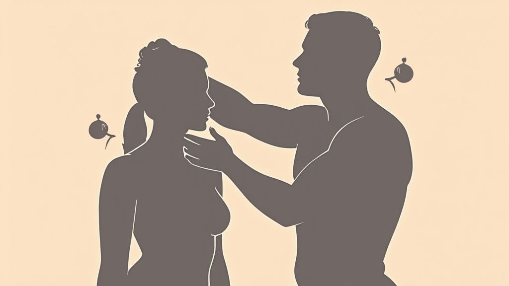 Graue Silhouetten eines Mannes und einer Frau, die sich ansehen, wobei der Mann sanft den Hals der Frau berührt. Hintergrund in Hellbraun.