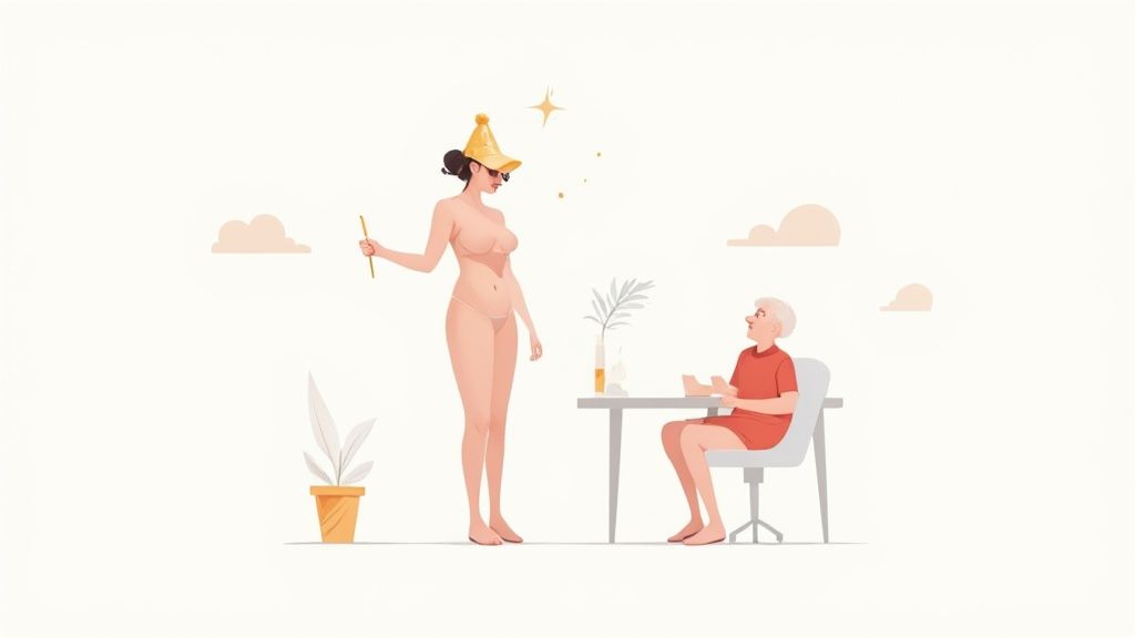 Eine nackte Frau mit goldenem Partyhut und Zauberstab steht vor einer älteren Frau, die an einem Tisch sitzt.