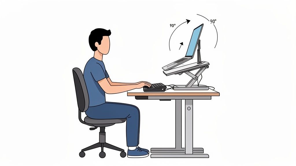 Person sitzt ergonomisch an einem höhenverstellbaren Schreibtisch mit Laptop-Ständer und externer Tastatur.