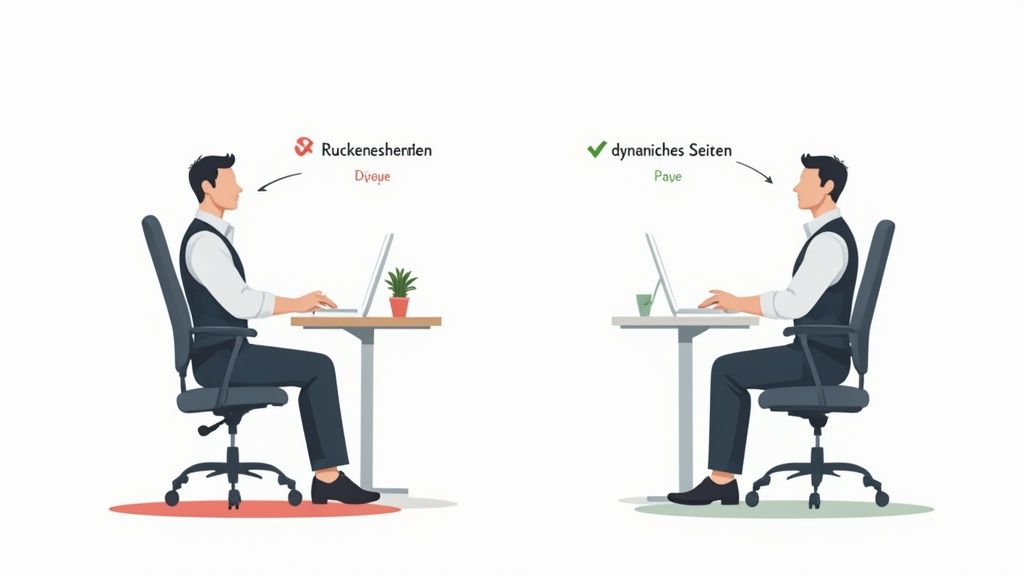 Vergleich von richtiger und falscher Sitzhaltung am Bürostuhl zur Vermeidung von Rückenschmerzen und Förderung dynamischen Sitzens.