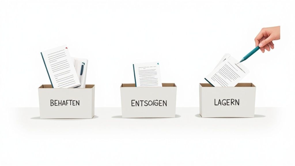 Drei beschriftete Kartons zeigen die Optionen 'Behaften', 'Entsorgen' und 'Lagern' für Dokumente im Büro.