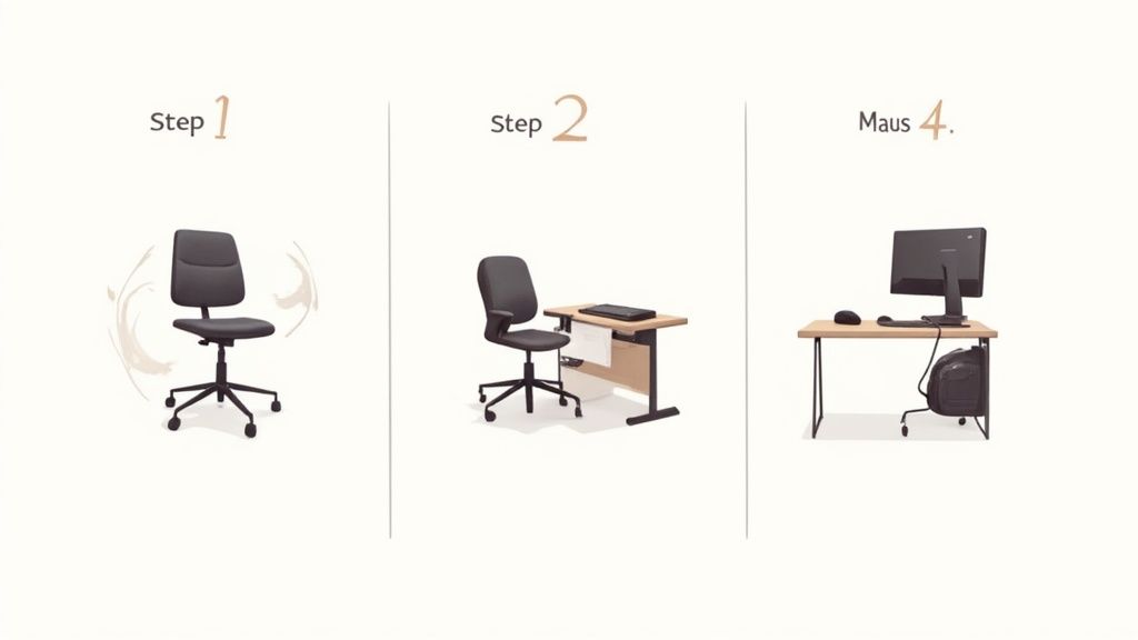 Een illustratie toont de stapsgewijze opbouw van een ergonomische werkplek met bureaustoel, bureau en computer.