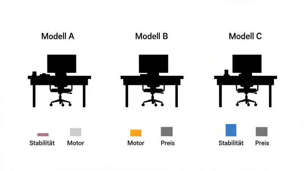 Drei Modelle (A, B, C) von Schreibtischen mit Stühlen und Monitoren, darunter Bewertungen für Stabilität, Motor und Preis.