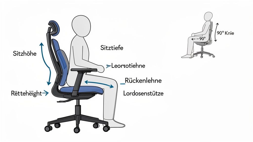 Anleitung zum ergonomischen Sitzen am Schreibtischstuhl mit Einstellung von Sitzhöhe, Sitztiefe und Rückenlehne für optimale Haltung.