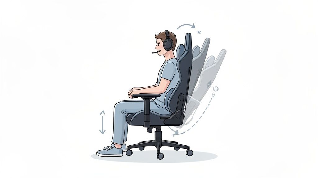 Illustration einer Person in einem ergonomischen Gaming-Stuhl mit Kopfhörer, der höhenverstellbar und neigbar ist, auf weißem Hintergrund.