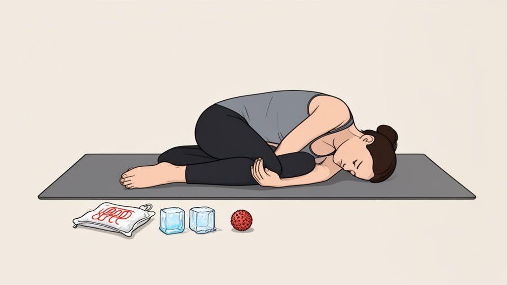 Frau in entspannter Kindeshaltung auf Yogamatte mit Heizkissen, Eiswürfeln und Massageball am Boden.
