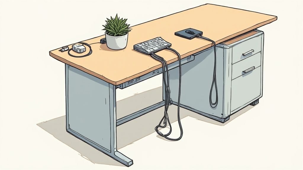 Eine minimalistische Illustration eines Schreibtisches mit Topfpflanze, Tastatur und Maus. Kabel hängen unordentlich herunter.