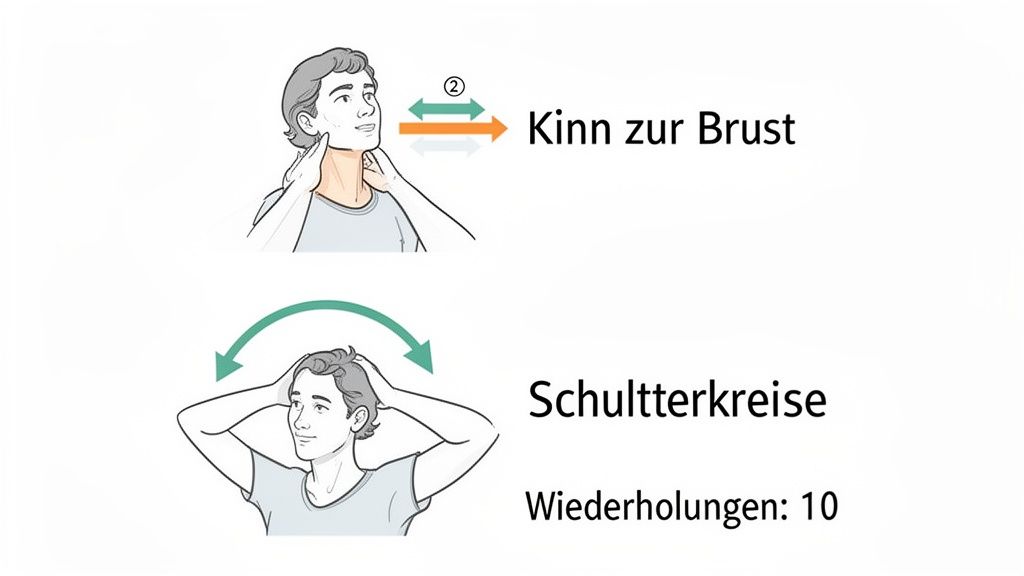 Zwei Illustrationen zeigen Nacken- und Schulterübungen: Kinn zur Brust und Schulterkreise mit 10 Wiederholungen.