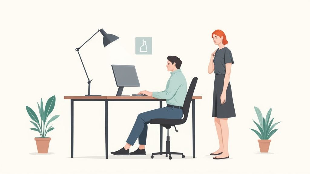 Eine Person arbeitet an einem höhenverstellbaren Schreibtisch in einem modernen Büro.