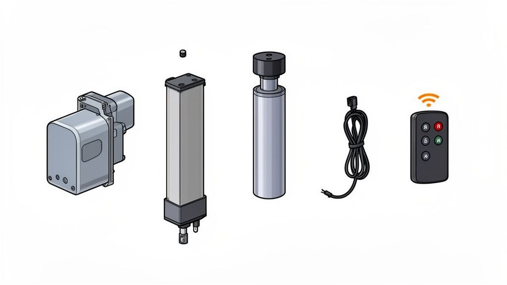 Komponenten eines elektrisch höhenverstellbaren Systems, darunter Motor, Linearantriebe, Netzkabel und Fernbedienung, auf weißem Hintergrund.