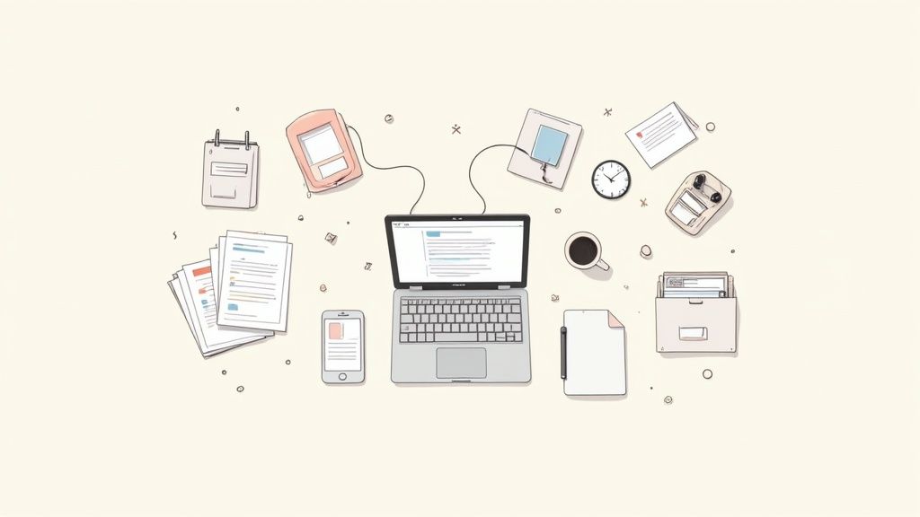 Ein aufgeräumter Schreibtisch mit Laptop, Smartphone, Dokumenten, Tasse Kaffee und Büromaterialien.