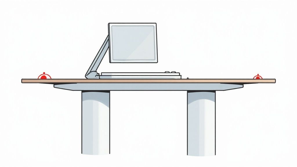 Schreibtisch mit Computer-Monitor und Schallschutz-Absorber an beiden Enden zur Geräuschreduzierung