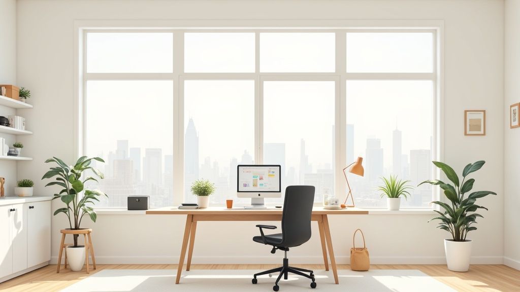 Ein modern eingerichteter Homeoffice Arbeitsplatz mit einem höhenverstellbaren Schreibtisch, einem ergonomischen Stuhl und guter Beleuchtung.