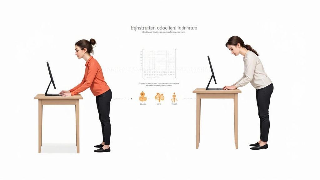 Person arbeitet an einem ergonomisch eingestellten Schreibtisch