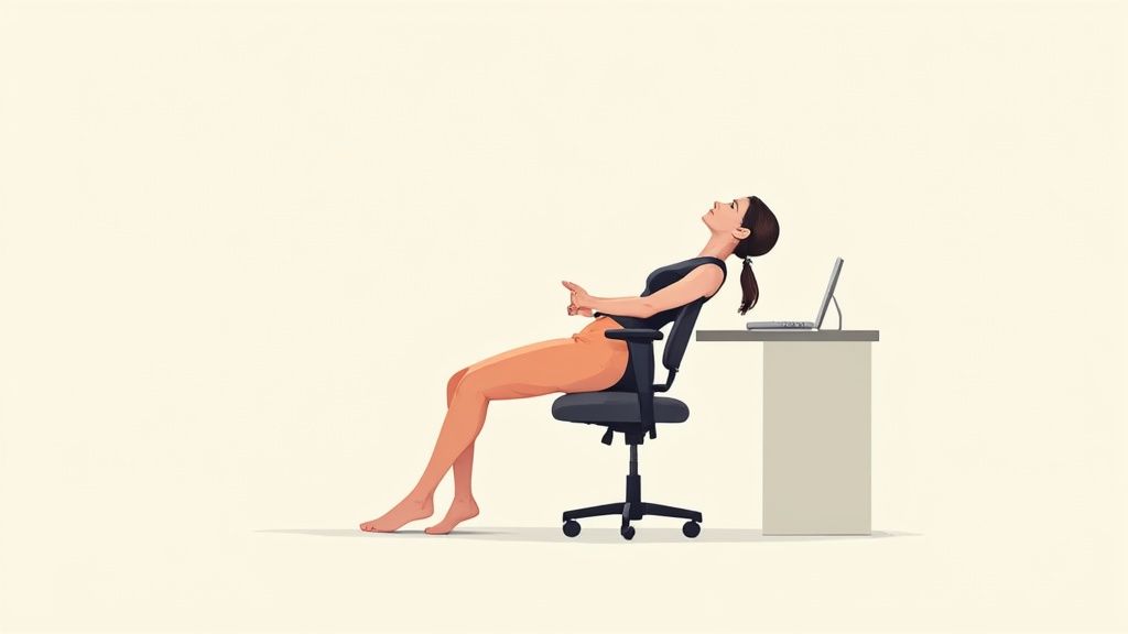 Frau macht Dehnübungen im ergonomischen Bürostuhl mit Lordosenstütze am Schreibtisch