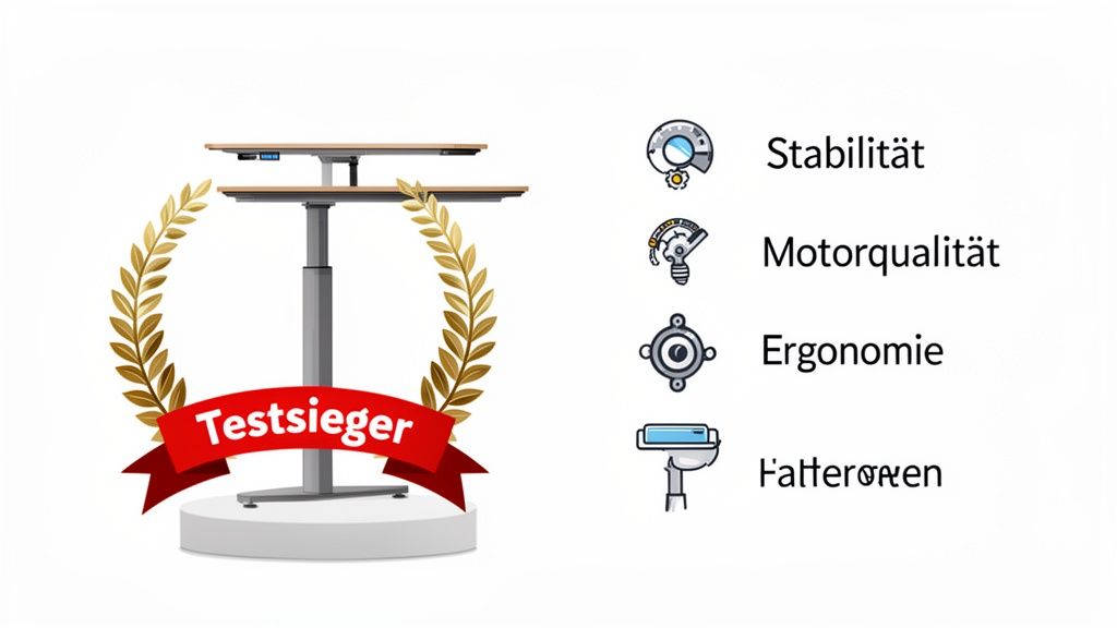 Ein höhenverstellbarer Schreibtisch als Testsieger, beworben mit Stabilität, Motorqualität und Ergonomie.