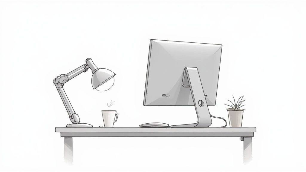 Minimalistischer Schreibtisch mit Computer-Monitor, ergonomischer Maus, Schreibtischlampe und Pflanze in modernem Arbeitsbereich