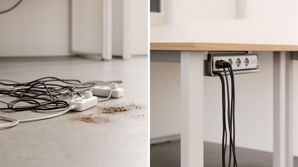 Links unordentliche Kabel und Steckdosenleisten auf dem Boden, rechts eine ordentliche Steckdosenleiste unter dem Schreibtisch montiert.