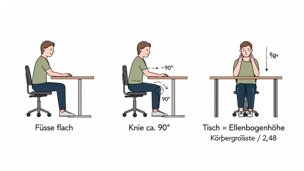 Drei Illustrationen zeigen die richtige ergonomische Sitzhaltung am Schreibtisch mit Füßen flach und Knien im 90-Grad-Winkel.
