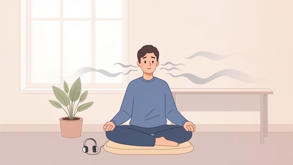Ein Mann meditiert im Schneidersitz auf einer Matte, umgeben von Atemwellen und Kopfhörern.