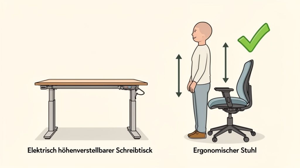 Ein elektrisch höhenverstellbarer Schreibtisch und ein ergonomischer Stuhl, dessen Einstellbarkeit von einer Person demonstriert wird.