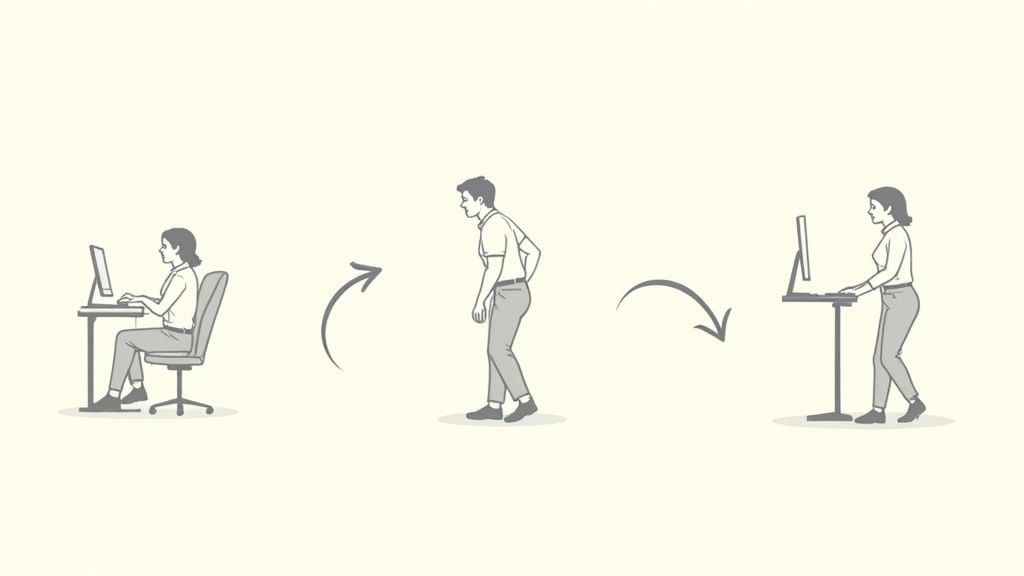 Eine Person wechselt von einer sitzenden zu einer stehenden Position an einem höhenverstellbaren Schreibtisch