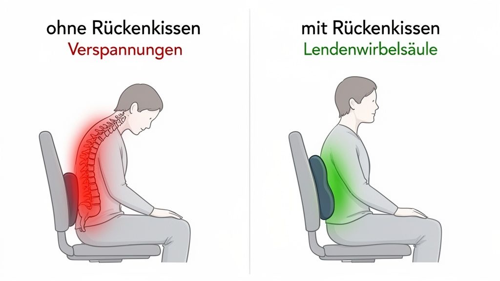 Illustration zeigt den Vergleich der Sitzhaltung mit schlechter Haltung ohne Rückenkissen und guter Haltung mit Lendenwirbelstütze.