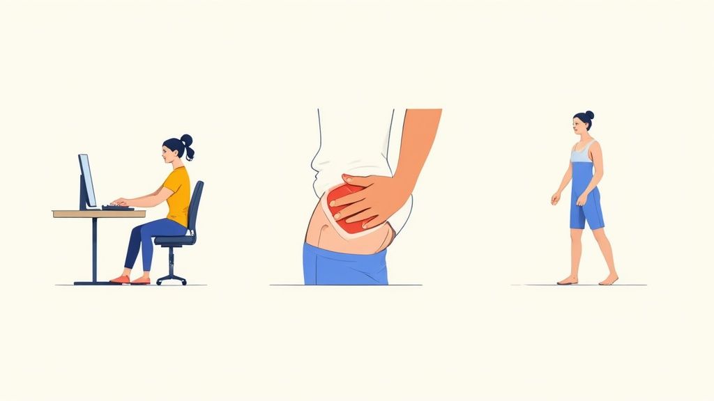 Grafik zu Gesäßschmerzen: sitzende Frau, Schmerzlinderung am Gesäß und gehende Person.