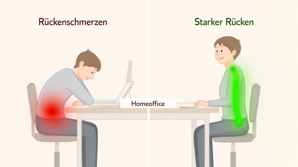 Zwei Personen im Homeoffice zeigen den Unterschied zwischen schlechter und guter Haltung für den Rücken.