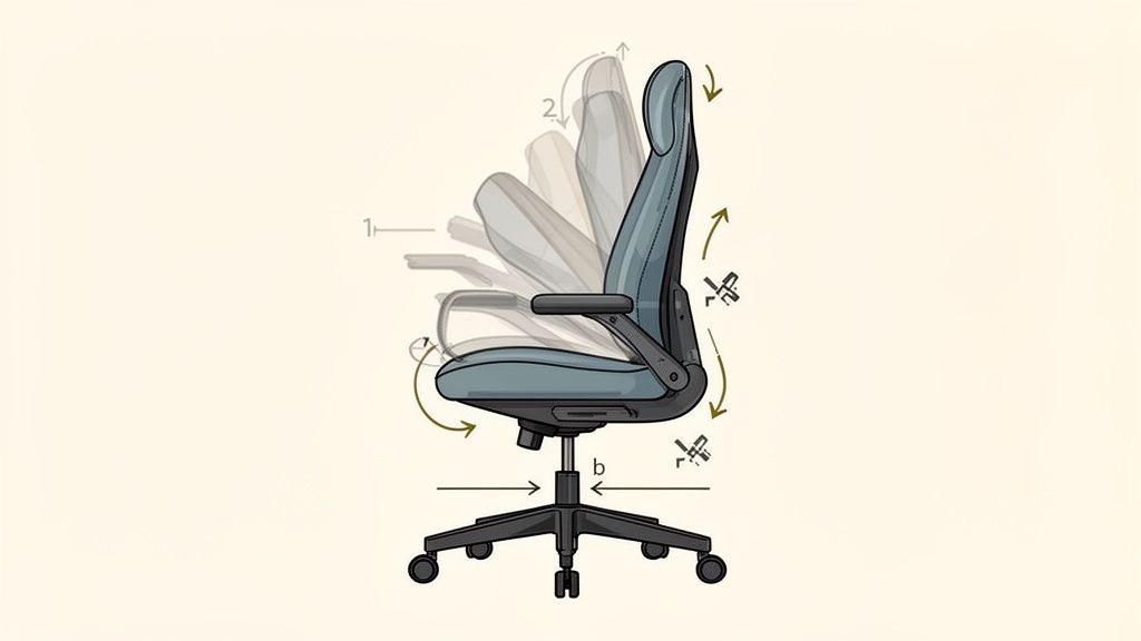 Ergonomische bureaustoel met verschillende instelmogelijkheden voor rugleuning, zitvlak en armleuningen voor optimaal comfort.