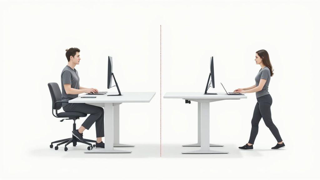 Ein Mann sitzt an einem höhenverstellbaren Schreibtisch, eine Frau steht an einem weiteren, ergonomische Arbeitsweise demonstrierend.