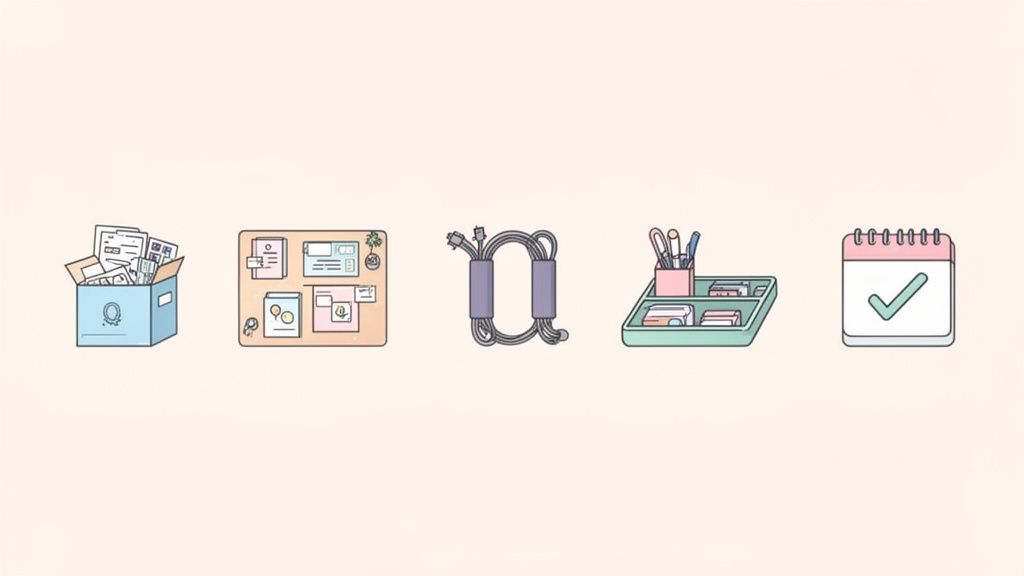 Verschillende kantoorbenodigdheden en ordensystemen voor een opgeruimd bureau, waaronder archiefdoos, prikbord en organizer.