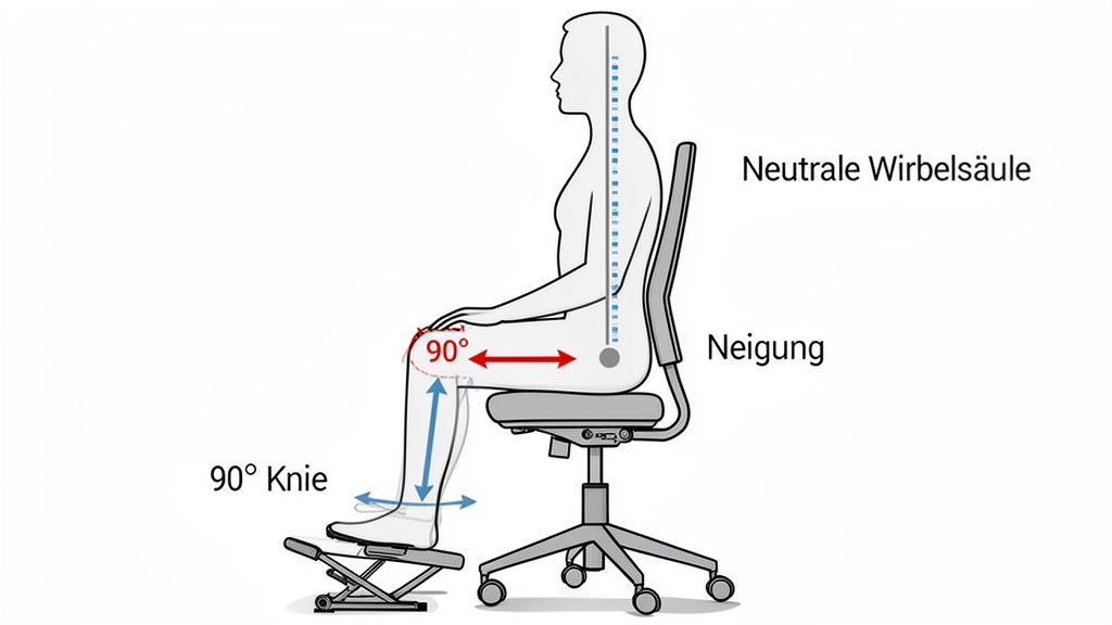 Ergonomische Sitzhaltung mit neutraler Wirbelsäule, 90°-Winkel an Hüfte und Knie, und einer Fußstütze für optimalen Komfort.