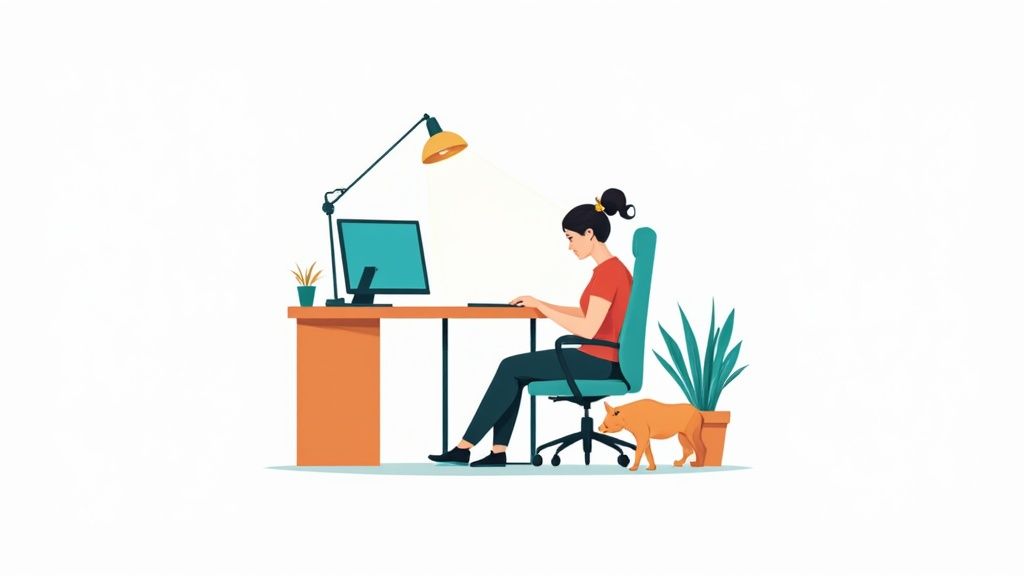 Een vrouw werkt geconcentreerd aan een bureau met monitor en bureaulamp, daarnaast een hond en planten.