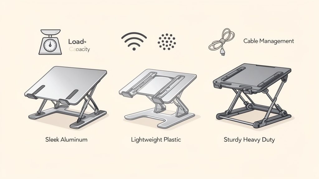 Drei verschiedene Laptopständer (Aluminium, Kunststoff, Schwerlast) mit Symbolen für Tragfähigkeit, Belüftung und Kabelmanagement.