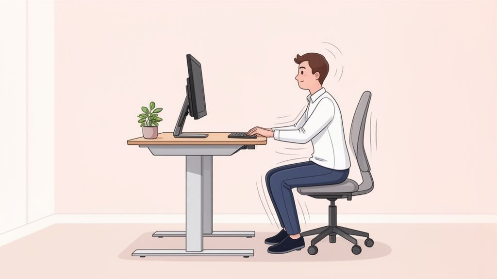 Mann sitzt an einem höhenverstellbaren Schreibtisch und arbeitet in ergonomischer Haltung am Computer.