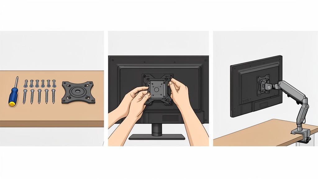 Anleitung zur VESA-Montage eines Monitors an einen Schreibtischarm mit Schrauben und Werkzeug.