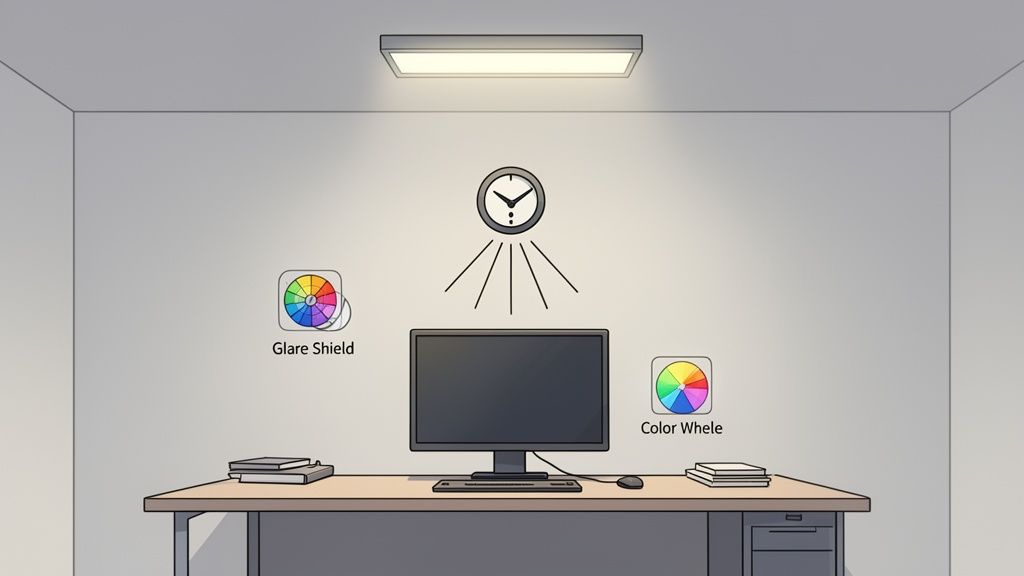 Ein Arbeitsplatz mit Computermonitor unter einer Deckenleuchte, daneben Symbole für Blendschutz und Farbanpassung.