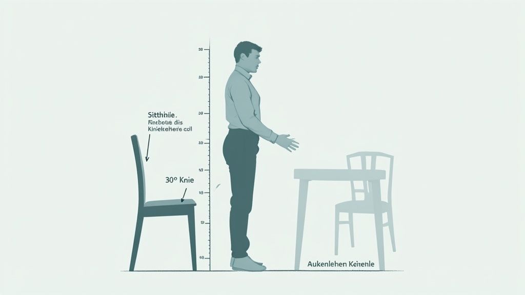 Man staat naast stoel en tafel, toont ergonomische metingen en de juiste zithouding met 30° kniehoek.